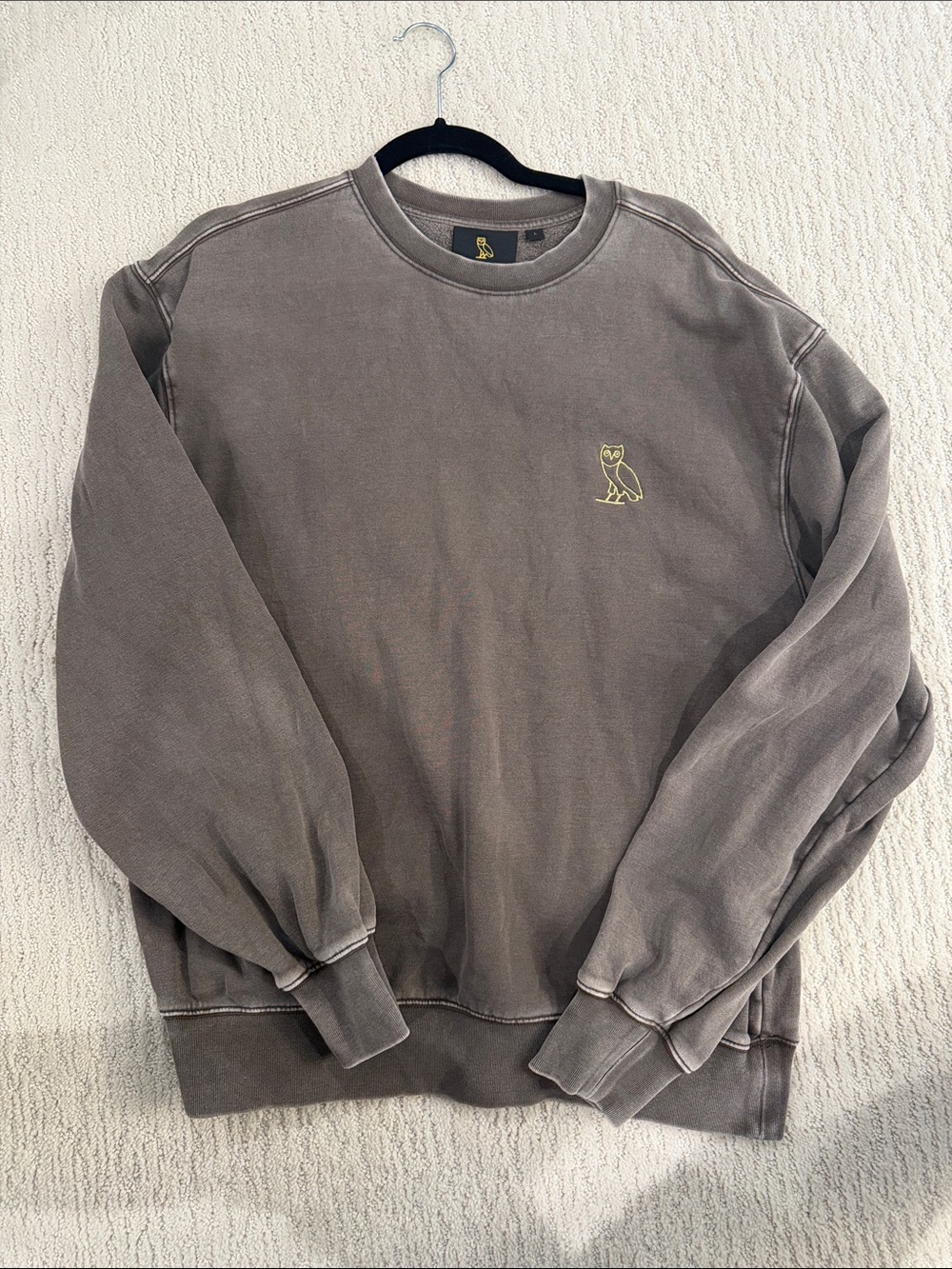 OVO Men’s Crewneck Sweatshirt in Washed Brown with Yellow Logo